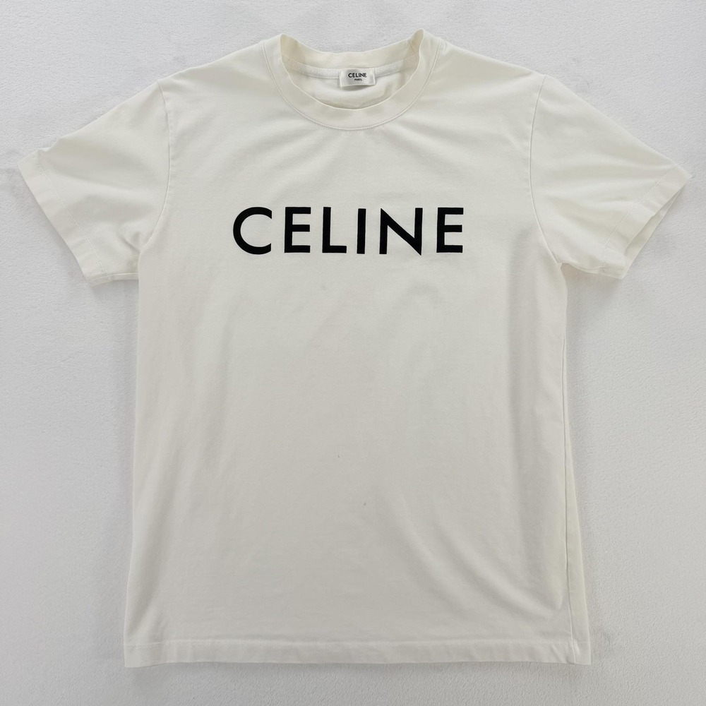 Celine Shirt Womens Medium White Logo Crewneck Short Sleeve Tee Top Designer